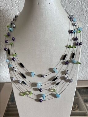 Multi-Strand Blue, Purple & Green Beaded Women's Necklace